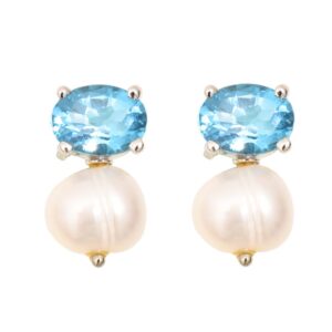 Minimalist natural blue topaz earrings in rhodium-plated 925 silver with 6-8mm freshwater pearl drops, perfect for a simple yet elegant look.