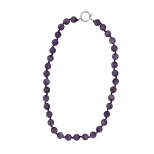 17-inch silk-knotted amethyst bead necklace with 10-12mm vibrant purple gemstones, featuring a versatile clasp for minimalist or charm-adorned styling.