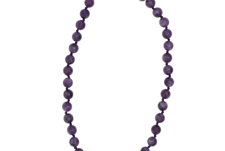 17-inch silk-knotted amethyst bead necklace with 10-12mm vibrant purple gemstones, featuring a versatile clasp for minimalist or charm-adorned styling.